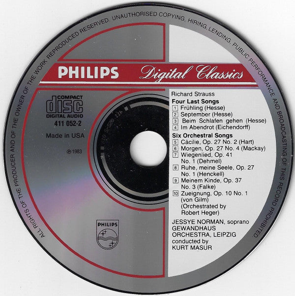 Richard Strauss, Jessye Norman, Gewandhausorchester Leipzig, Kurt Masur : Vier Letzte Lieder = Four Last Songs / 6 Orchesterlieder = 6 Orchestral Songs (CD, RE)