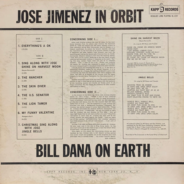 Jose Jimenez (3) : Jose Jimenez In Orbit (Bill Dana On Earth) (LP, Mono, Ind)