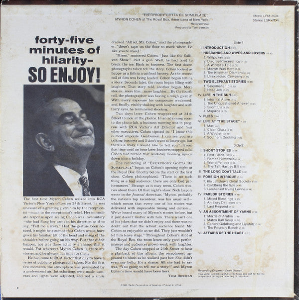 Myron Cohen : Everybody Gotta Be Someplace (LP, Album, Mono)