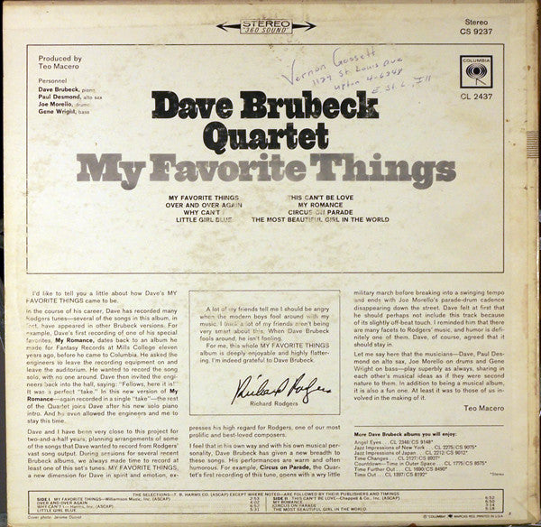 Dave Brubeck Quartet* : My Favorite Things (LP, Album)