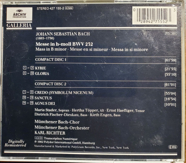 Johann Sebastian Bach - Maria Stader . Hertha Töpper . Ernst Haefliger . Kieth Engen . Dietrich Fischer-Dieskau . Karl Richter : Messe In H-moll • Mass In B Minor • Messe En Si Mineur - BWV 232 (2xCD, Album, RM)