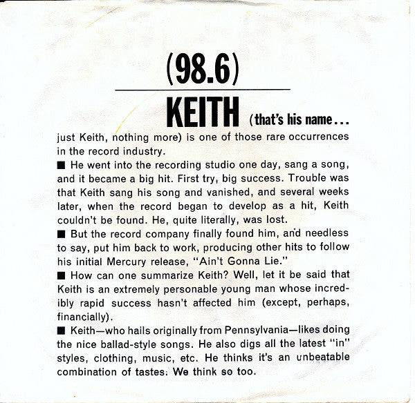 Keith (2) : 98.6 (7", Styrene)
