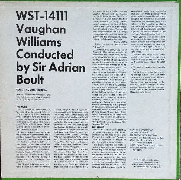 Ralph Vaughan Williams, Sir Adrian Boult : Fantasia On "Greensleeves" / English Folk Song Suite / Fantasia On A Theme By Thomas Tallis (LP, Album, RE, Blu)