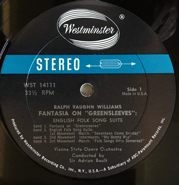 Ralph Vaughan Williams, Sir Adrian Boult : Fantasia On "Greensleeves" / English Folk Song Suite / Fantasia On A Theme By Thomas Tallis (LP, Album, RE, Blu)
