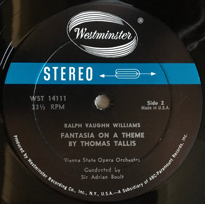 Ralph Vaughan Williams, Sir Adrian Boult : Fantasia On "Greensleeves" / English Folk Song Suite / Fantasia On A Theme By Thomas Tallis (LP, Album, RE, Blu)