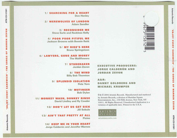 Various : 'Enjoy Every Sandwich' - The Songs Of Warren Zevon (CD, Album)