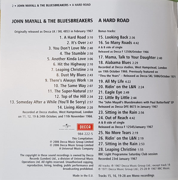 John Mayall And The Bluesbreakers* : A Hard Road (CD, Album, Mono, RE, RM, Red)