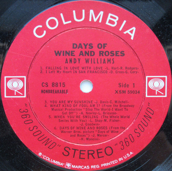 Andy Williams : Days Of Wine And Roses (LP, Album, Pit)
