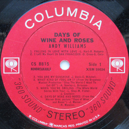 Andy Williams : Days Of Wine And Roses (LP, Album, Pit)