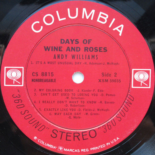 Andy Williams : Days Of Wine And Roses (LP, Album, Pit)