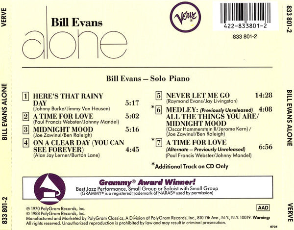 Bill Evans : Alone (CD, Album, RE)