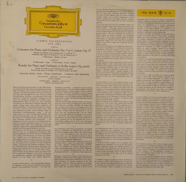 Svjatoslav Richter* - Beethoven*, Wiener Symphoniker, Kurt Sanderling : Klavierkonzert Nr.3 C-Moll / Konzertrondo B-Dur = Piano Concerto No. 3 C minor / Rondo B-flat major (LP, Mono)