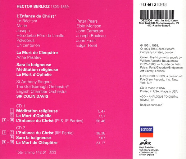 Berlioz*, Morison*, Pears*, Cameron*, Rouleau*, Sir Colin Davis : L'Enfance Du Christ / Méditation Religeuse / La Mort D'Ophélie / Sara La Baigneuse / La Mort De Cléopâtre (2xCD, Comp, Club, RM)