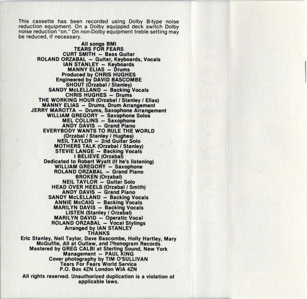 Tears For Fears : Songs From The Big Chair (Cass, Album, 35,)