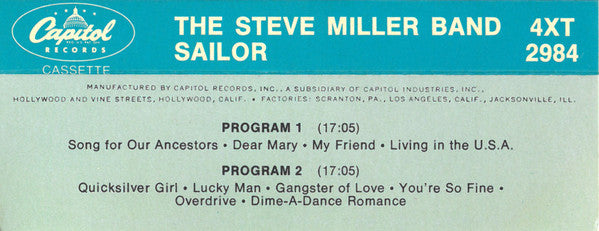 The Steve Miller Band* : Sailor (Cass, Album, Tan)
