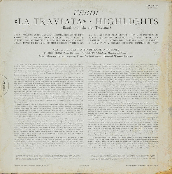 Giuseppe Verdi, Rosanna Carteri, Cesare Valletti, Leonard Warren, Orchestra Del Teatro Dell'Opera Di Roma And Coro Del Teatro Dell'Opera Di Roma, Pierre Monteux : La Traviata - Highlights (LP, Album, Mono)