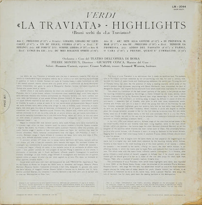 Giuseppe Verdi, Rosanna Carteri, Cesare Valletti, Leonard Warren, Orchestra Del Teatro Dell'Opera Di Roma And Coro Del Teatro Dell'Opera Di Roma, Pierre Monteux : La Traviata - Highlights (LP, Album, Mono)