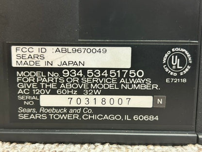 Sears 934.53451750 VHS Video Cassette Recorder * Remote * Box * New Belts * Fully Serviced