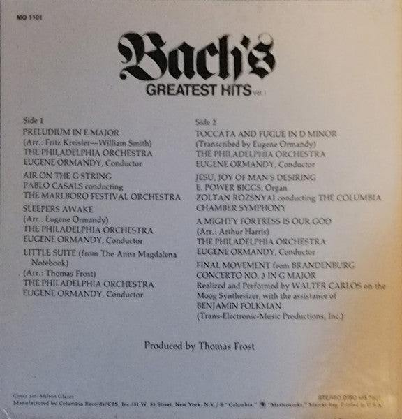 Johann Sebastian Bach, E. Power Biggs, Pablo Casals, Eugene Ormandy, The Philadelphia Orchestra, Walter Carlos, Benjamin Folkman : Bach's Greatest Hits Vol. I (Reel, 4tr Stereo, 7" Reel, Comp)