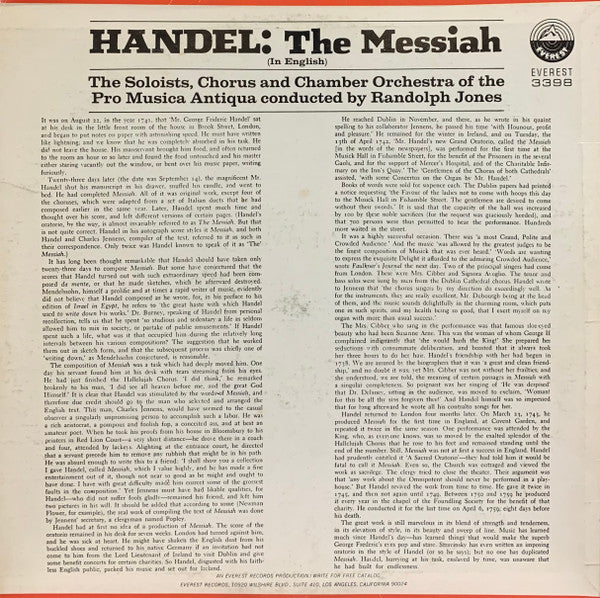 Händel*, Randolph Jones, Soloist, Chorus and Chamber Orchestra of the  "Pro Musica Antiqua"* : The Messiah (In English) (LP)