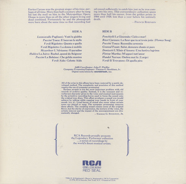 Caruso* : A Legendary Performer (LP, Comp, Mono)