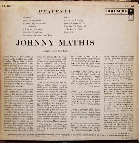 Johnny Mathis : Heavenly (LP, Album, Mono, Ter)
