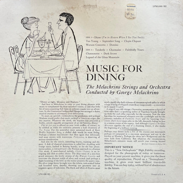 The Melachrino Strings : Music For Dining (LP, Album, Mono, RE, Ind)