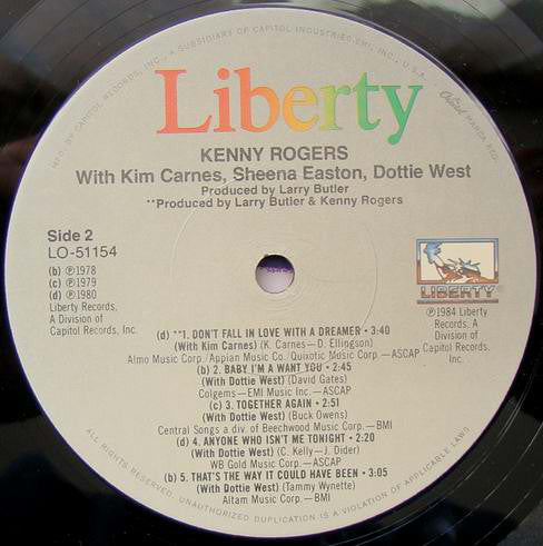 Kenny Rogers With Kim Carnes, Sheena Easton & Dottie West : Duets (LP, Comp)