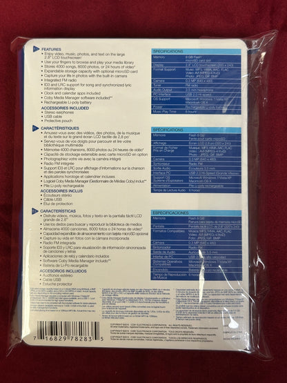 Colby MP828 8GB MP3 Player w/ Instructions, Headphones, Charging cord, & Protective Pouch.