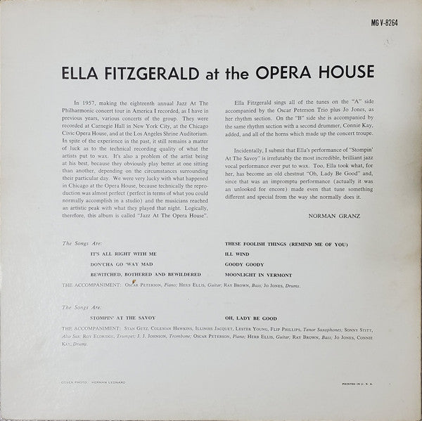 Ella Fitzgerald : Ella Fitzgerald At The Opera House (LP, Album, Mono, RP, Pub)