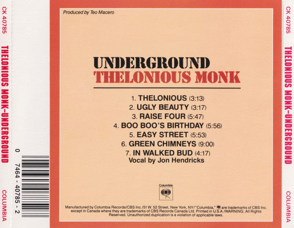 Thelonious Monk : Underground (CD, Album, RE, RM, RP)