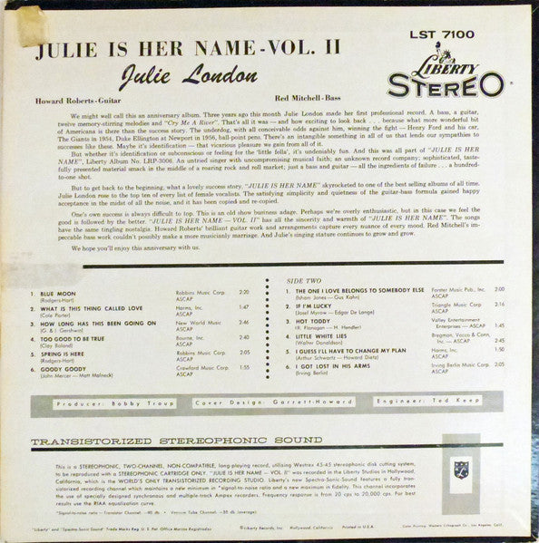 Julie London : Julie Is Her Name Volume Two (LP, Album, Ind)