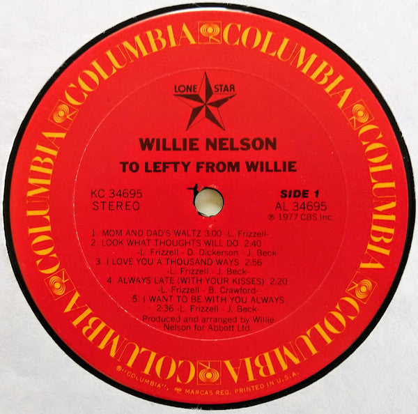 Willie Nelson : To Lefty From Willie (LP, Album, RE, Car)