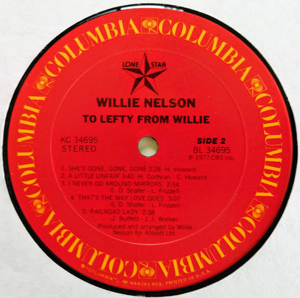 Willie Nelson : To Lefty From Willie (LP, Album, RE, Car)