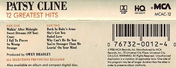 Patsy Cline : 12 Greatest Hits (Cass, Comp, RE, Dol)