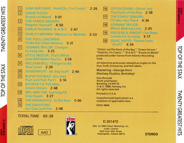 Various : Top Of The Stax - Twenty Greatest Hits (CD, Comp, Club, RE)