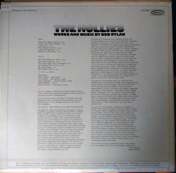 The Hollies : Words And Music By Bob Dylan (LP, Album, San)