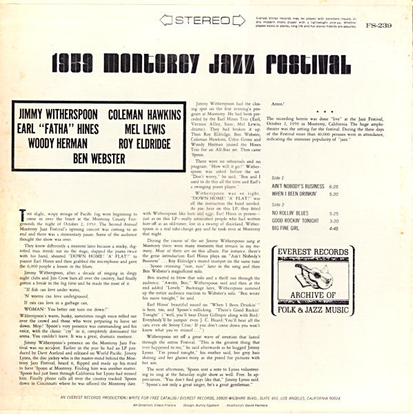 Jimmy Witherspoon, Coleman Hawkins, Earl "Fatha" Hines*, Mel Lewis, Woody Herman, Roy Eldridge, Ben Webster : 1959 Monterey Jazz Festival (LP, Album, RE, All)