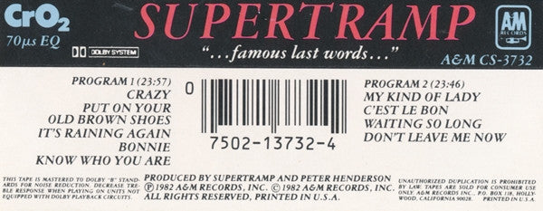 Supertramp : "...Famous Last Words..." (Cass, Album, CrO)