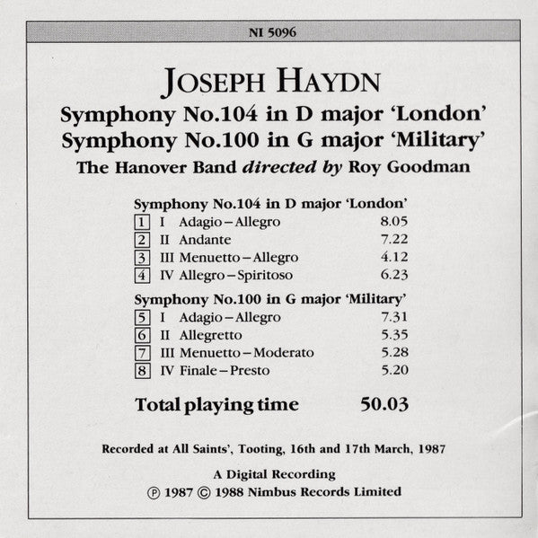 Joseph Haydn - Hanover Band, Roy Goodman : Symphonies No. 104 'London' No. 100 'Military' (CD, Amb)