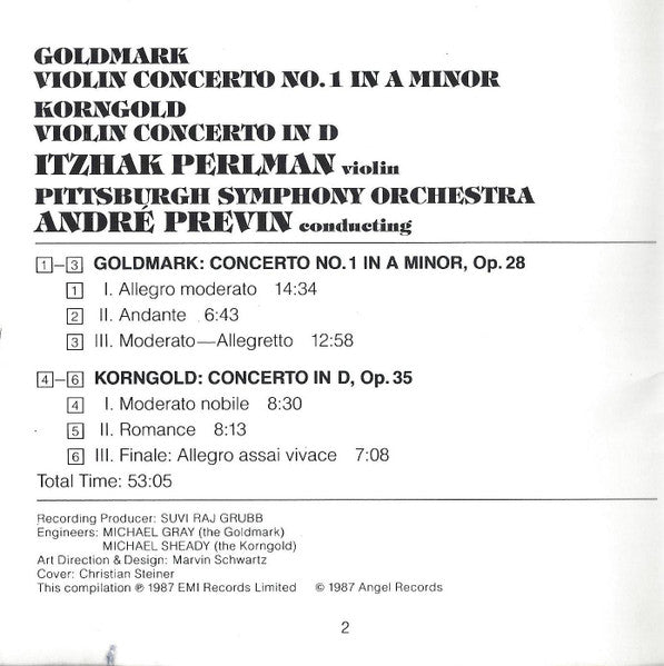 Goldmark*, Korngold* - Itzhak Perlman, André Previn, Pittsburgh Symphony Orchestra : Concerto No. 1 In A Minor / Concerto In D (CD, Comp, RP)