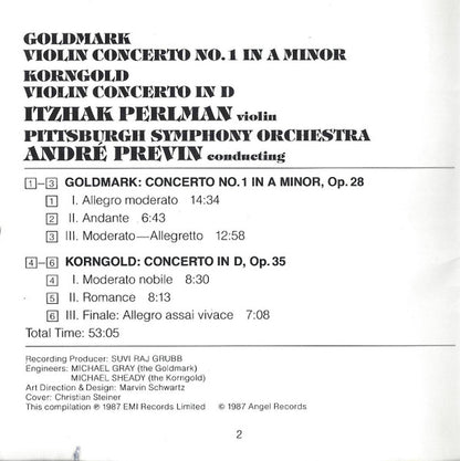 Goldmark*, Korngold* - Itzhak Perlman, André Previn, Pittsburgh Symphony Orchestra : Concerto No. 1 In A Minor / Concerto In D (CD, Comp, RP)