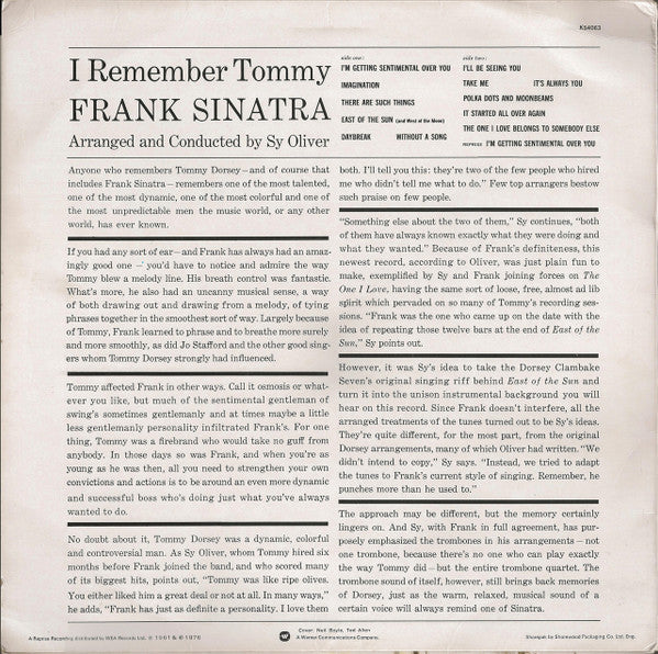 Frank Sinatra : I Remember Tommy (LP, Album, RE)