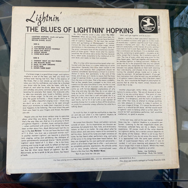 Lightnin' Hopkins : Lightnin' (The Blues of Lightnin' Hopkins) (LP, RM)