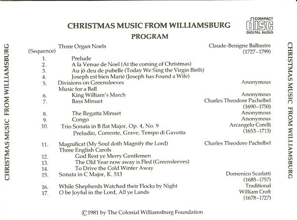 Various : Christmas Music From Williamsburg (CD, RM)