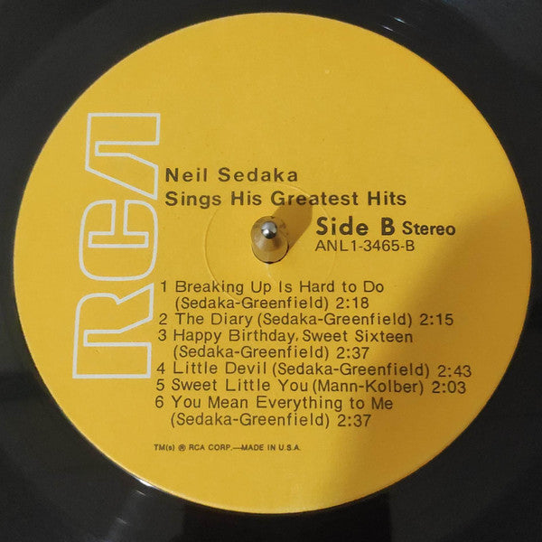 Neil Sedaka : Neil Sedaka Sings His Greatest Hits (LP, Comp, RE)