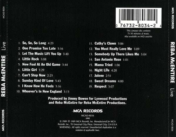 Reba McEntire : Live (CD, Album, Club, RE)