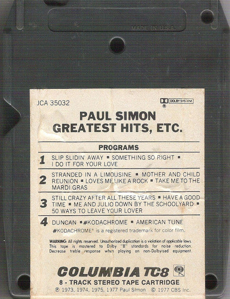 Paul Simon : Greatest Hits, Etc. (8-Trk, Comp)