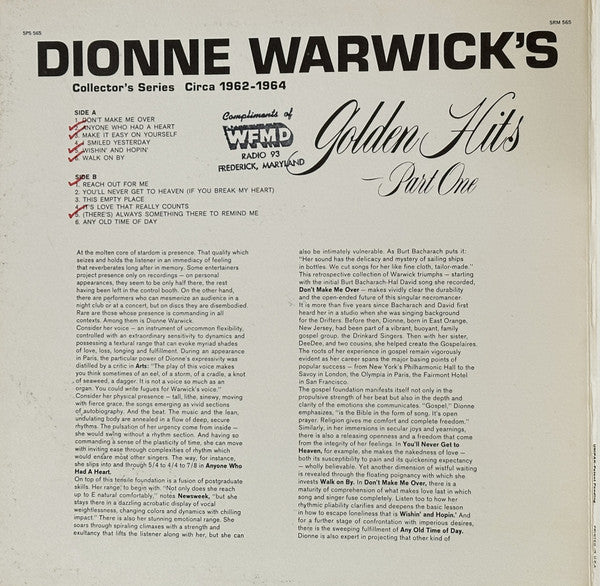 Dionne Warwick : Dionne Warwick's Golden Hits - Part One (LP, Comp, RP, Gat)