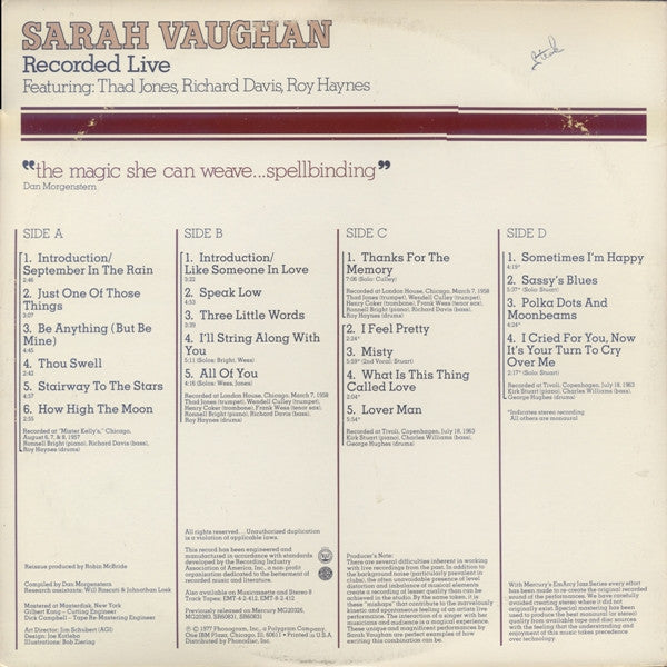 Sarah Vaughan : Recorded Live (2xLP, Comp, RM)